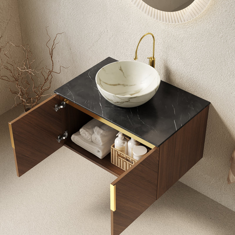 Meuble-lavabo 30 po, armoire de rangement flottante en contreplaqué pour salle de bain avec portes doubles, comptoir en pierre frittée noire et cuve en céramique blanche avec motif de pierre, couleur grain de bois de chêne brun