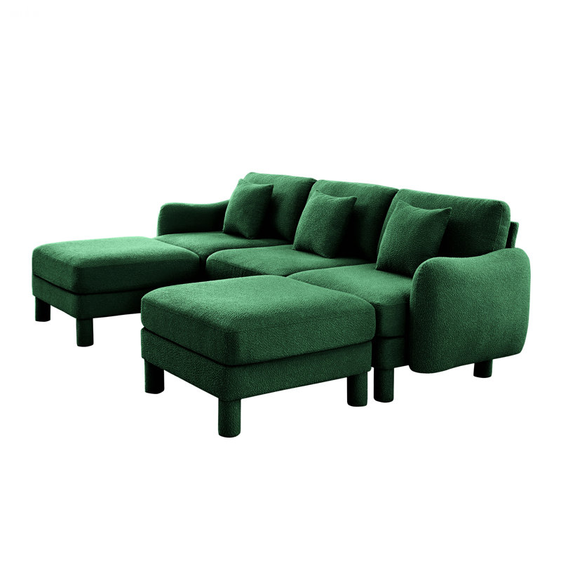 Modern Style Sofa For Indoor, Boucle Fabric U Shape Sectional 3 - Seater Sofa Couch With Distinctive Shell - Shaped Armrests, 2 Movable Ottomans And Cylindrical Legs For Versatile Living Spaces