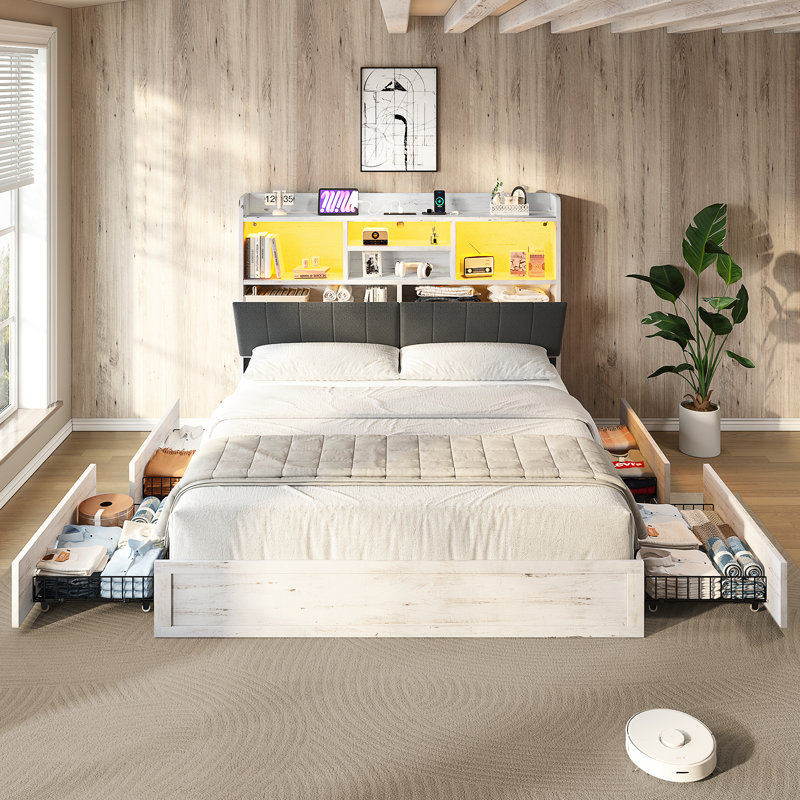  Farmhouse King Bed Frame With LED Storage Bookcase Headboard & Charging Station, Distressed White, King, Distressed White