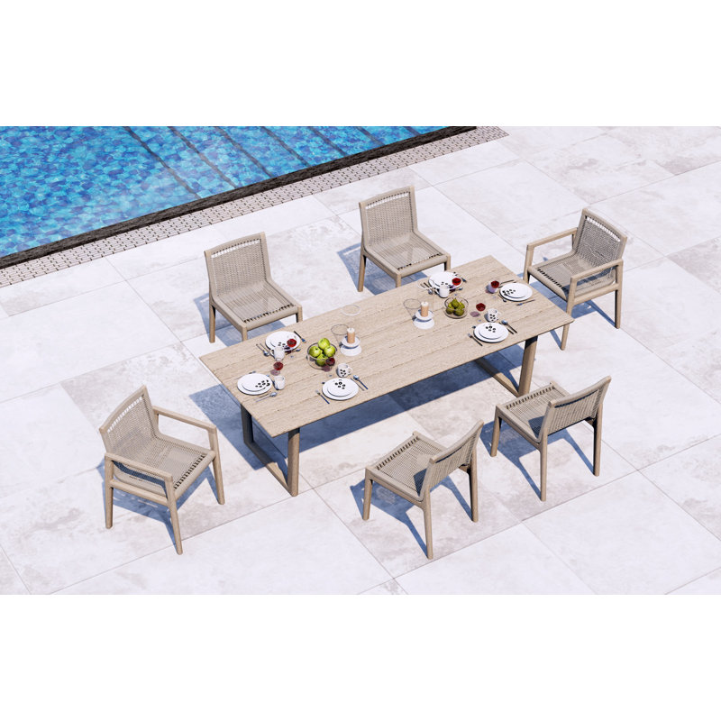9 Pcs Grade-A Weathered Teak Wood Dining Set: 98" Sema Rectangle Table  And 8 Sema Chairs (2 Arm & 6 Armless Chairs) #11Se3302