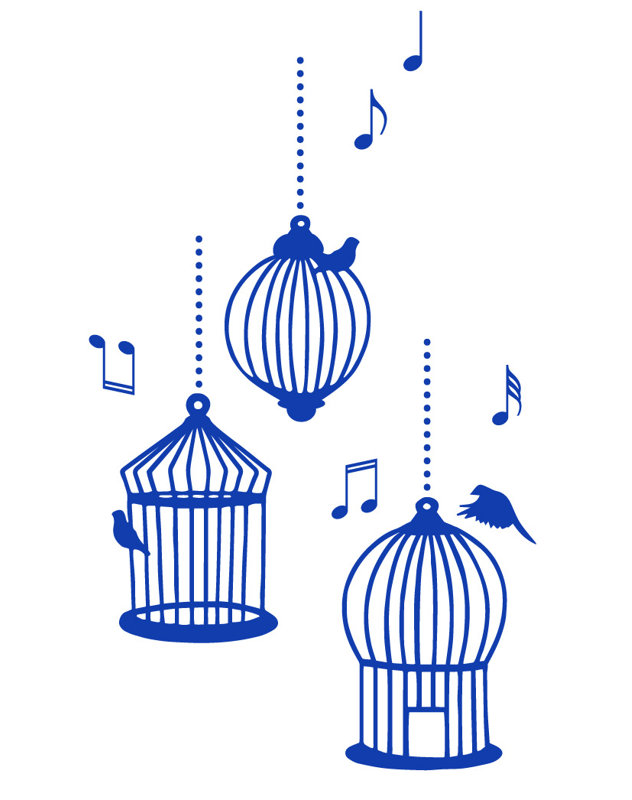 Décalcomanie murale cages d’oiseaux de chanson, H 37 po x l 22 po x P 0,01 po, Bleu foncé