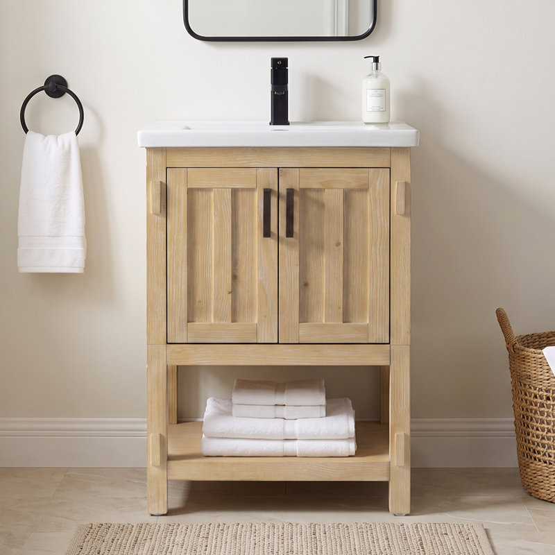 Ensemble de meuble-lavabo simple autoportant 24 po avec plateau en céramique Larangera, Natural Cedar