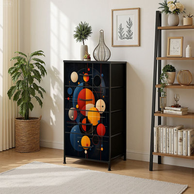 4 Drawer Vertical Storage Dresser Abstract Geometric Composition Colorful Circles Dark with Wood Top Fabric Pull Drawers
