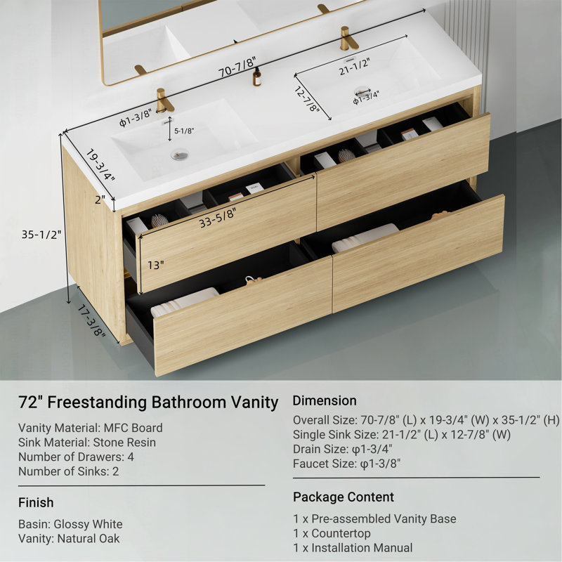 Meuble-lavabo autoportant 72 po avec double vasque, meuble-lavabo avec comptoir en résine de pierre et tiroirs à fermeture en douceur, chêne naturel