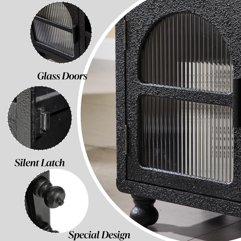 Buffet moderne de 47 po, table de rangement de cuisine avec portes en verre cannelé et charnières à fermeture douce, Noir
