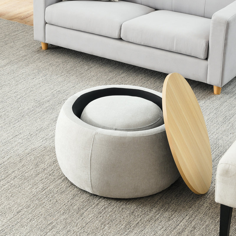 Repose-pieds rond avec rangement, fonction 2 en 1, table de bout avec repose-pieds, avec petit siège, gris clair (25 po x 25 po x 14,7 po)