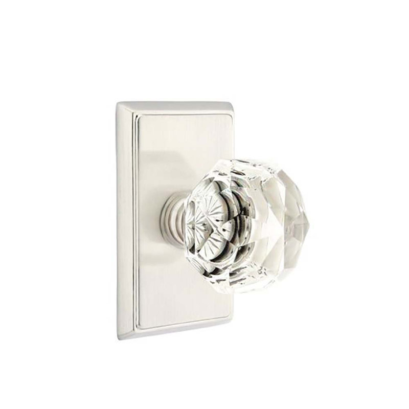 Ensemble de faux boutons Emtek avec rosette rectangulaire et poignée en verre Diamond, Nickel satiné
