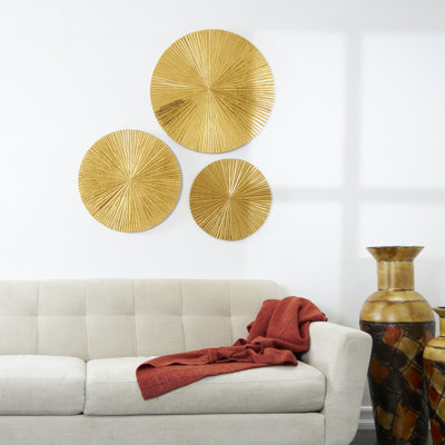 Gold Wooden Plate Carved Radial Home Wall Decor, Set of 3