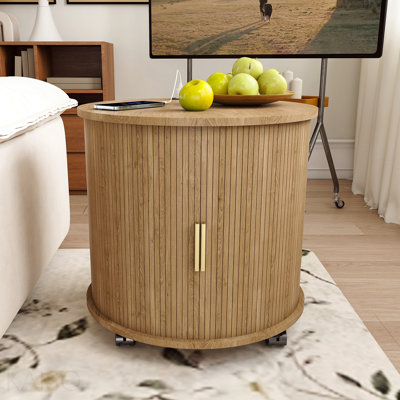Table de bout cylindrique de style Mid-Century moderne avec station de charge intégrée et porte coulissante, table de chevet ronde à 2 niveaux avec ports USB, table de chevet Osk pour le salon, la chambre à coucher, le vestibule