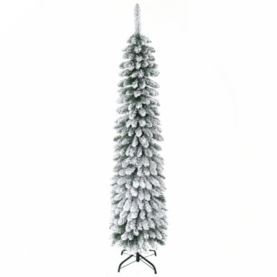 6' Tall Unlit Snow Flocked Artificial Christmas Tree, Slim Pencil Xmas Tree With Realistic Branches And 395 Tips, Green