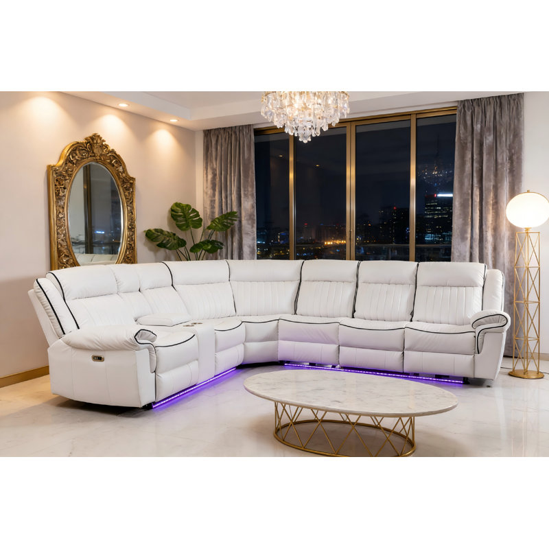 Canapé modulaire inclinable électrique avec lumières à DEL en cuir blanc, Simili cuir blanc