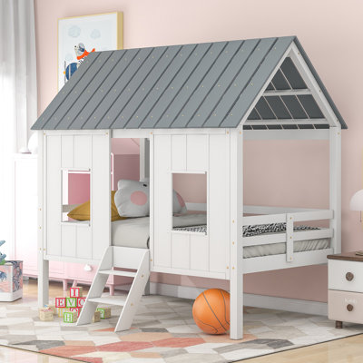 Low Loft House Bed With Roof And Two Front Windows