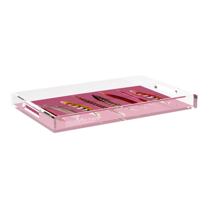 Pheasant Feathers Acrylic Rectangle Decorative Tray, Mauve, 22.5"W x 14.5"D x 2"H