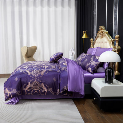 Jacquard Comforter Set Queen Size Bedding with Purple Satin Sheet Set 8 Pcs Royal Embroidery Neoclassical Floral Home Decor Soft Luxury Hotel Bed in a Bag with 1 Cushion Cover