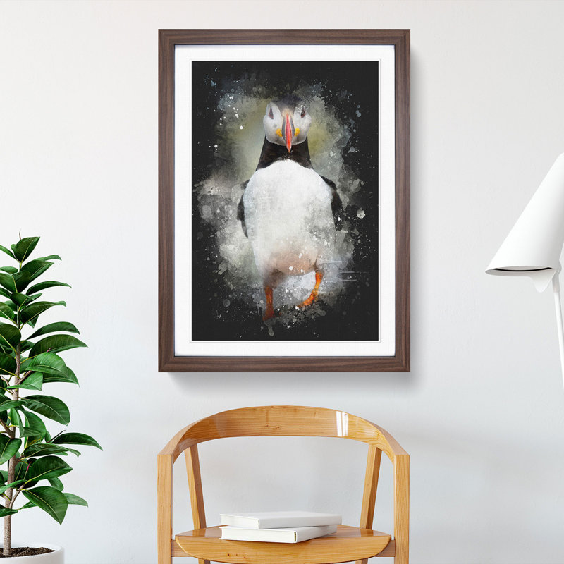 Atlantic Puffin Birds Vol.6 Paint Splash - Picture Frame Graphic Art, Walnut, 48cm H x 36cm W x 2cm D