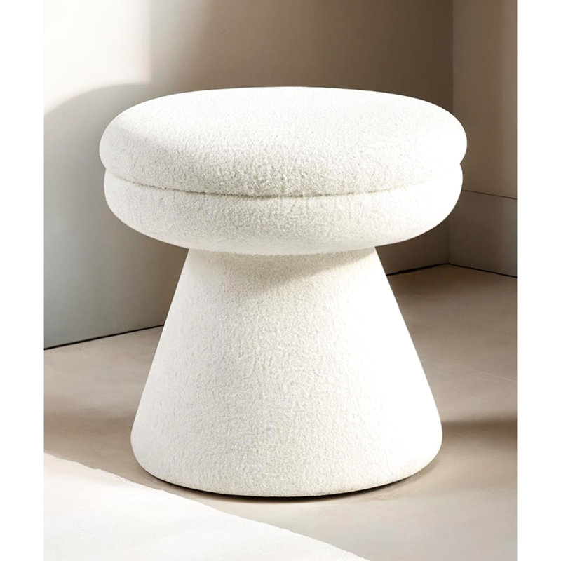 Contemporary 1Pc Mushroom - Shape Accent Stool With Beige Fabric, Pedestal Base For Primary Living Space Shearling Like Fabric Round Top And Room