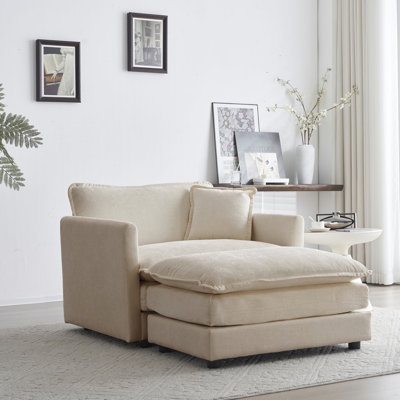 Chaise rembourrée en chenille beige avec repose-pieds moderne de fabrication en tissu haut, relaxant pour bureau à domicile avec structure en bois, relax
