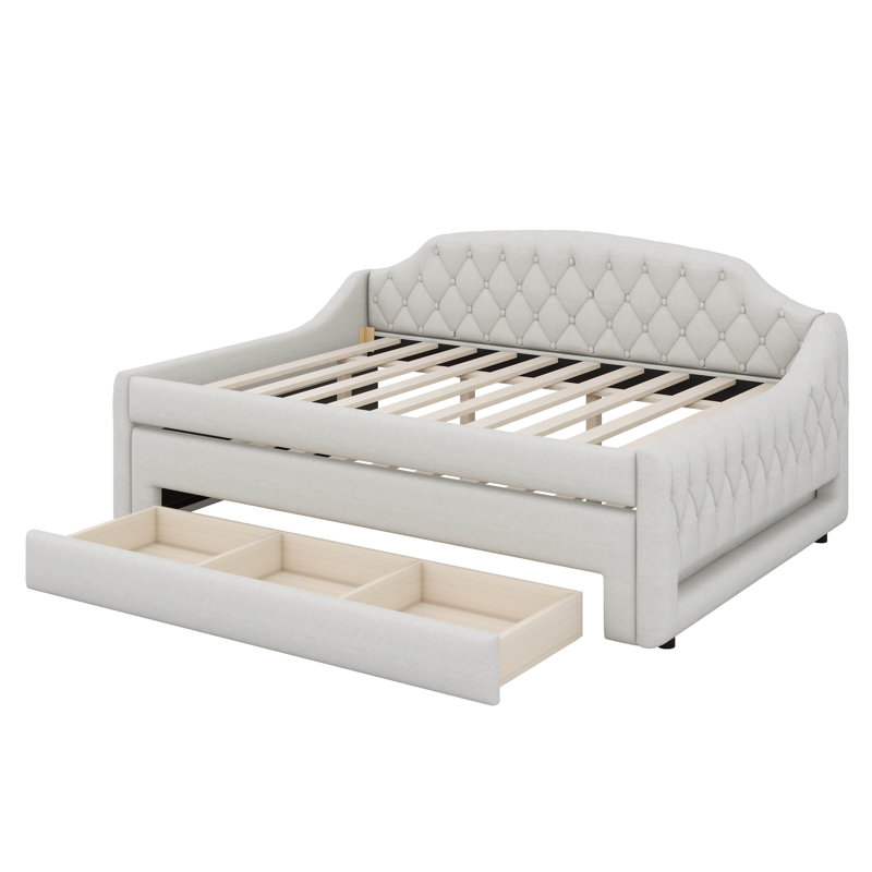 Upholstered Daybed With Trundle, Storage Drawers & LED Belt, Corner Bed Frame With Headboard, Beige
