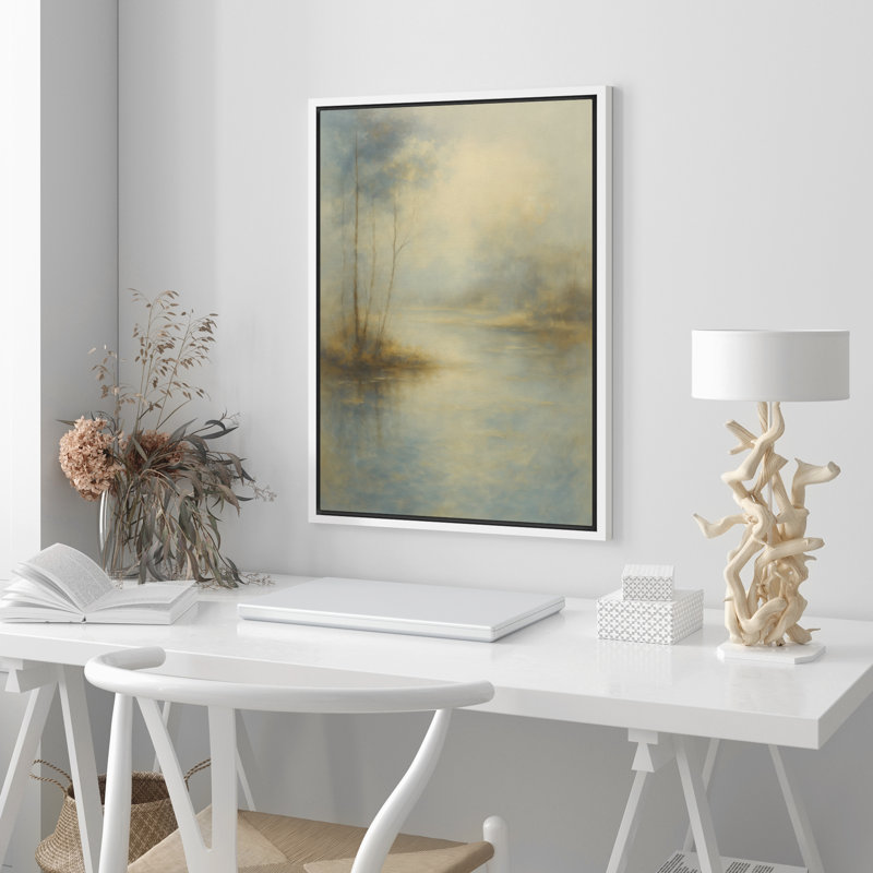 «Misty Lake Landscape Wall Art - Doux bleu clair et jaune scène tranquille», encadré par un décor inspiré de la nature, Blanc
