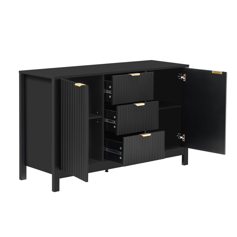 Cabinet d'entrée avec design Wave - 3 tablettes réglables, 3 tiroirs et portes à fermeture douce, console de rangement avec poignées en métal, convient pour le bureau, le couloir et le salon