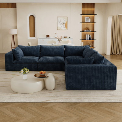 Blue 118.2" Corduroy 5 - Seat Cloud , Double Layer Design, Removable Cushions, No Assembly, Modular For Customizable Spaces, High Density Compression Easy Unpacking Arrangements, Feather Filled