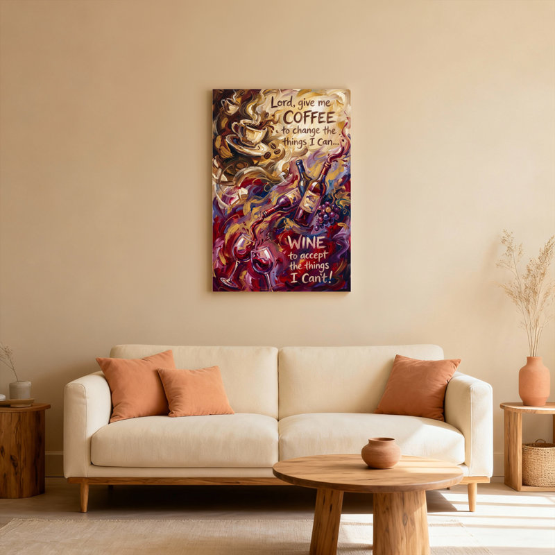 Tableau sur toile avec citation sur le café et le vin, au design abstrait, idéal pour la décoration de la cuisine, du salon ou du bar.