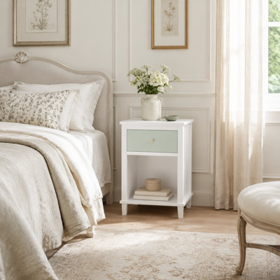 26.77" H Wooden Nightstand with 1 Drawer & Open Shelf, MDF Bedside Table with Gold Handle for Kids & Adults, White+Sage