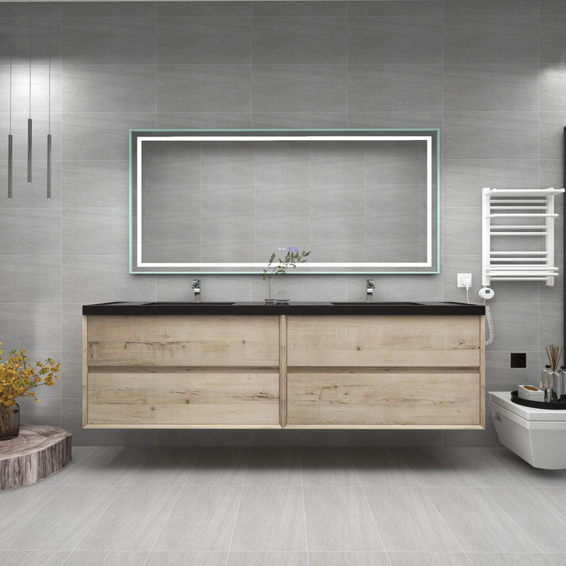 Ensemble de meuble-lavabo double mural 84 po Calarco Kody, Chêne clair