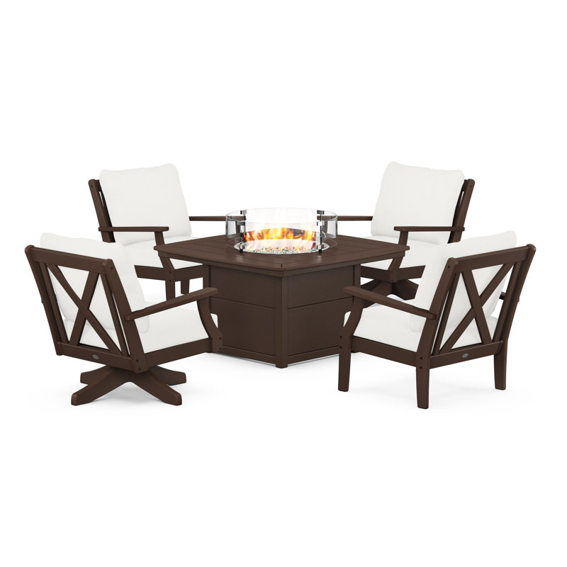 Braxton 5-Piece Deep Seating Set with Fire Table, Natural Linen, Mahogany