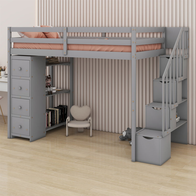 Loft Bed With Shelves,Drawers And Stairs, Gray