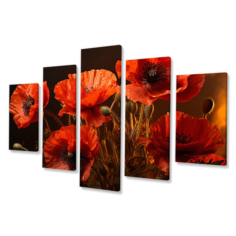 Champ de coquelicots rouges III - impression murale d'art floral - 5 panneaux