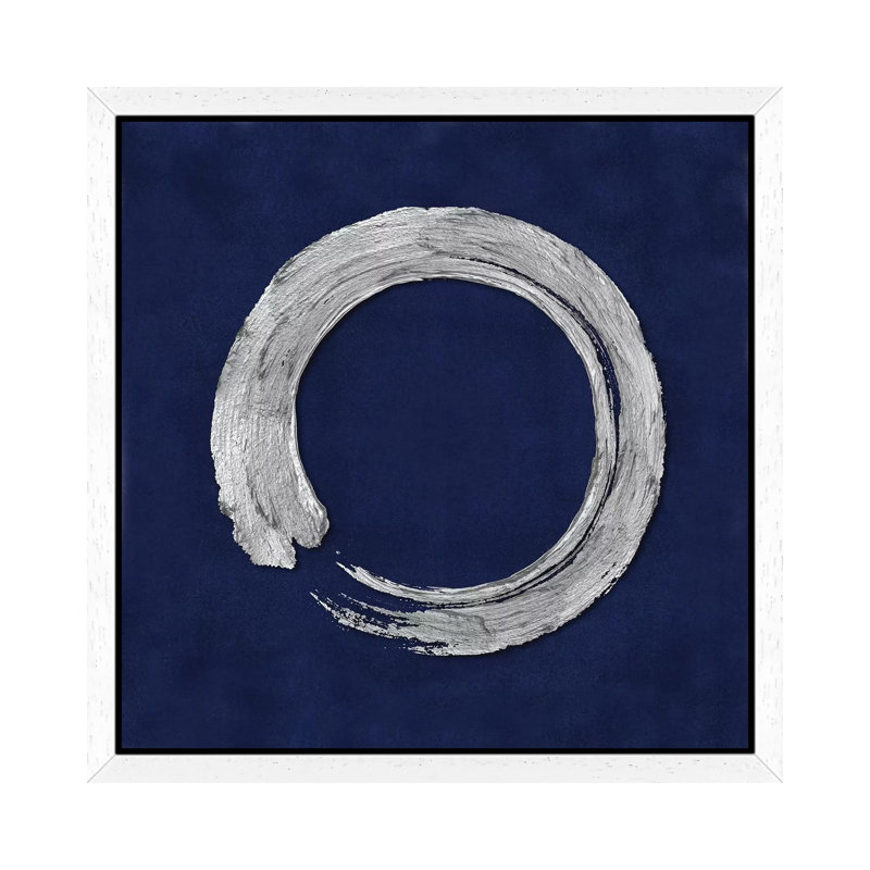 Silver Zen Circle On Blue I by Ellie Roberts - Floater Frame Print on Canvas, White Framed, 93.98 cm H x 93.98 cm W