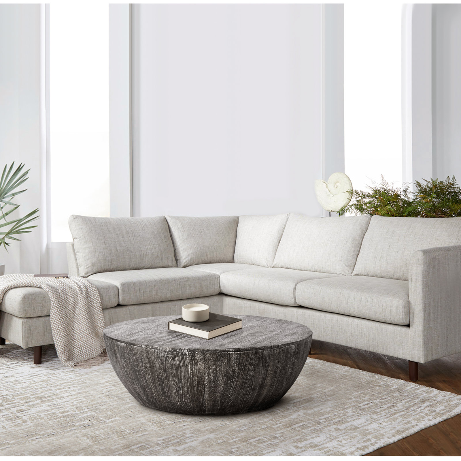 Teasdale Solid Wood Single Drum Coffee Table, Sandblasted Black