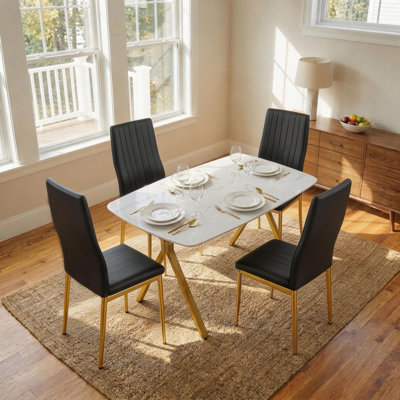51.2" Modern Marble Dining Table Set for 4, Rectangular Faux Marble Dining Table with 4 PU Leather Chairs