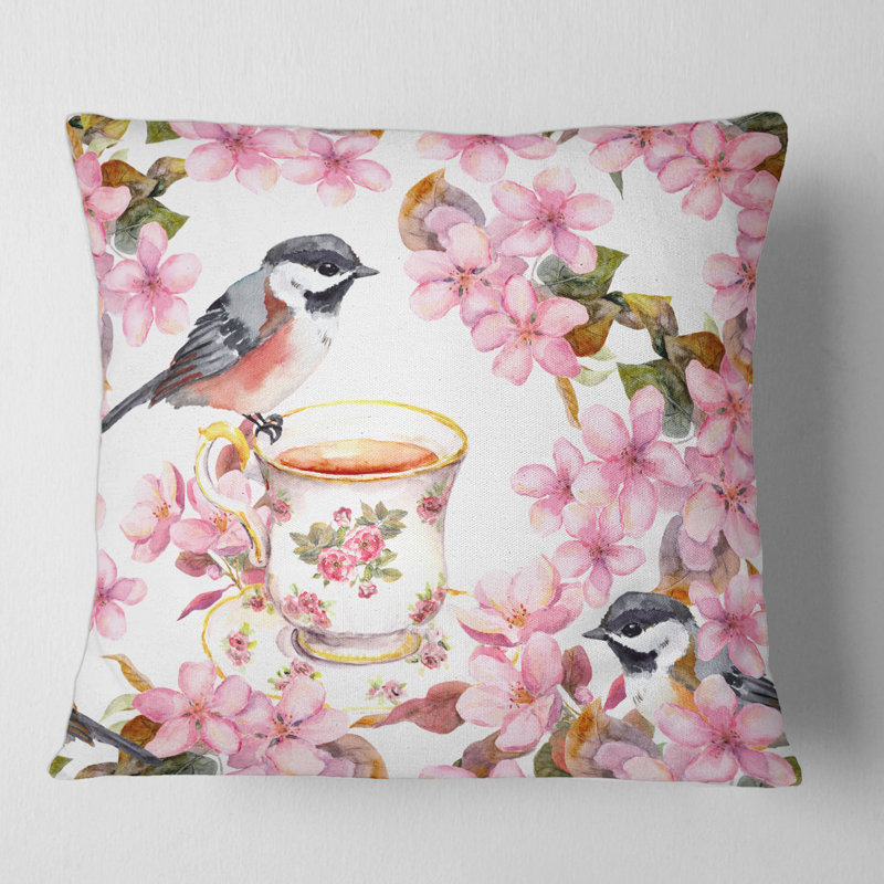 Housse et insert de coussin carré en forme de tasse à thé oiseaux et fleurs, 16" x 16"