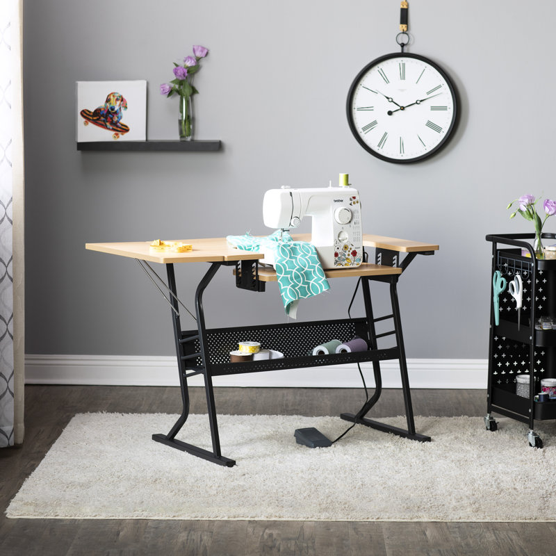 Folding Sewing Craft Table with Storage Bins & Shelves