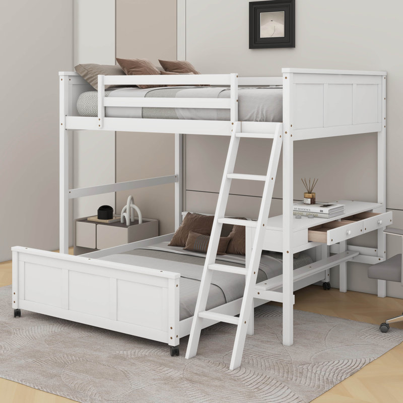 Lit double superposé au dessus d'un lit double avec bureau, Blanc