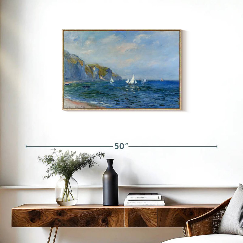 Falaises et voiliers à Pourville, Cadre flottant en bois naturel, 31 po x 21 po