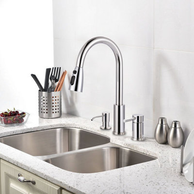 3-hole Pull Down Kitchen Faucet With Soap Dispenser And Unique Individual Handle