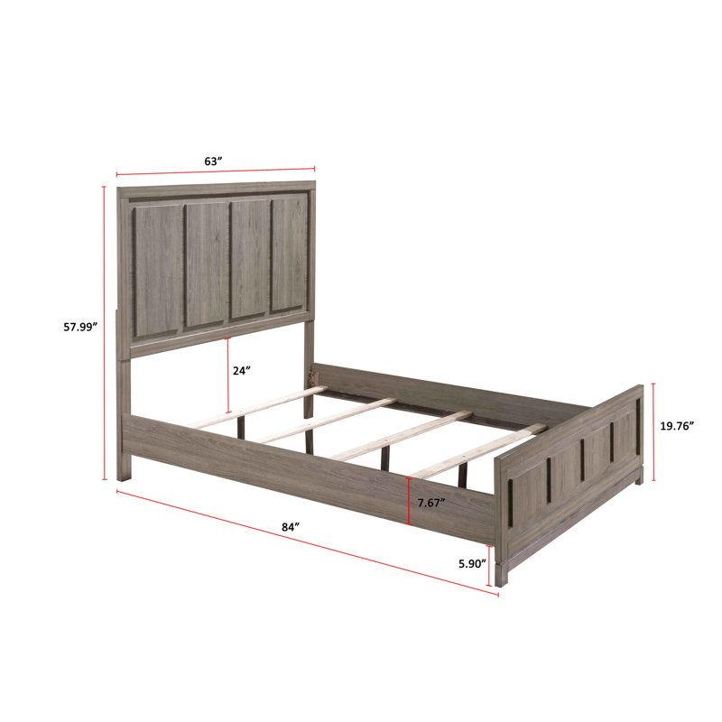Cadre de grand lit moderne au look contemporain, finition en chêne gris et conception linéaire épurée, idéal pour la décoration de chambre à coucher, cadre de fabrication en bois, sommier tapissier nécessaire, profondeur de produit de 85,68 po, largeur de 63,23 po,