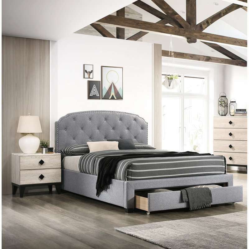 Lit simple gris en toile de jute avec tête de lit et rangement sous le lit - Compartiment rembourré de style chambre à coucher moderne