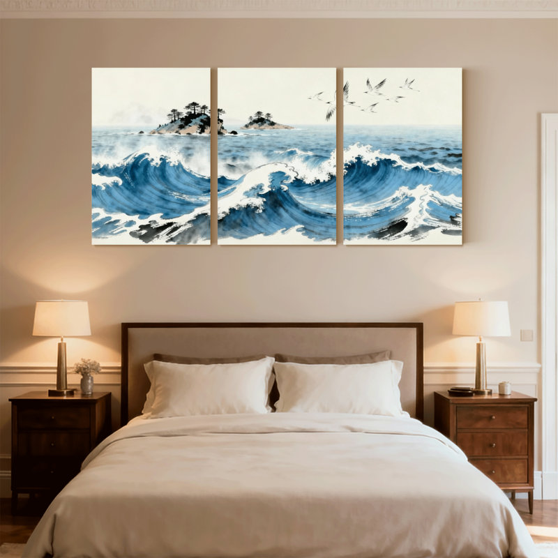 Nautique et plage, vagues océaniques, arbres, oiseaux, ciel, ensemble de 3 impressions sur toile, H 24 po x l 48 po