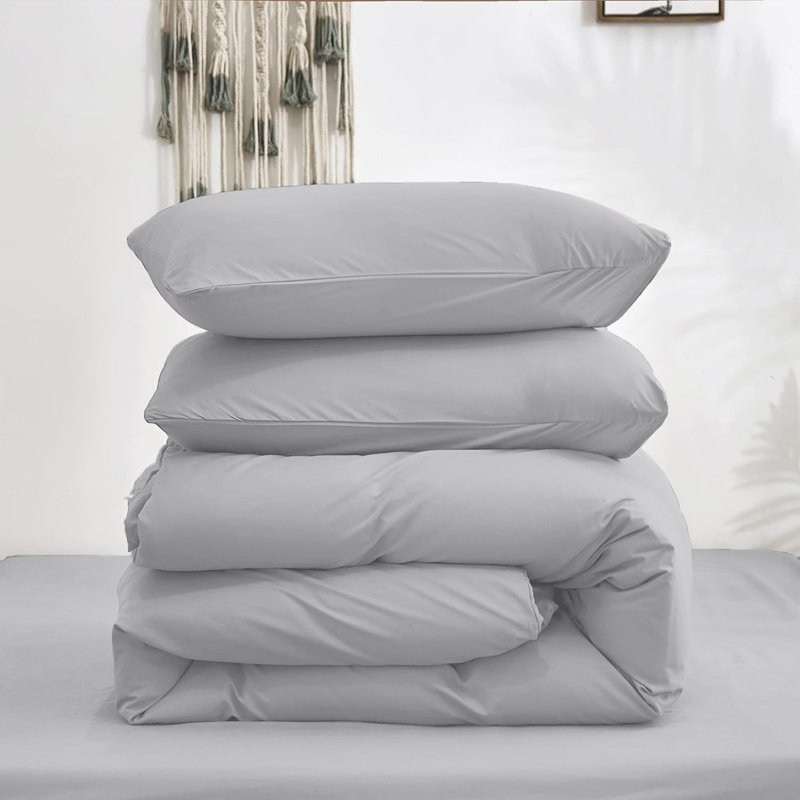 Premium 4-Piece Ultra-Soft Microfiber Duvet Complete Cover Set, Silver, King Duvet Cover + 3 Additional Pieces