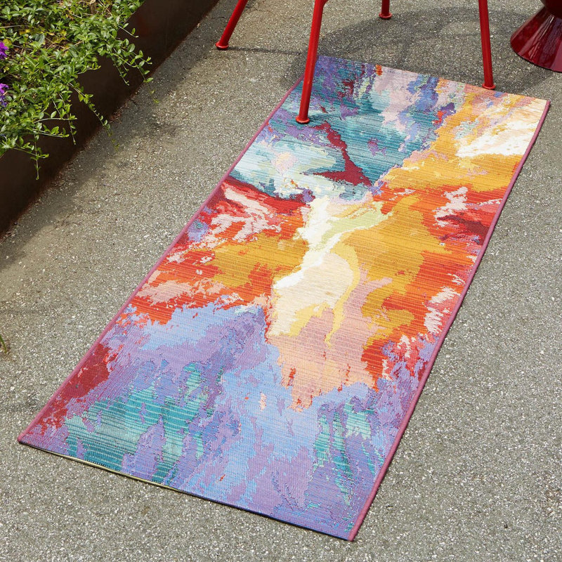 Azaleea Power Loomed Polypropylene Indoor/Outdoor Area Rug in Blue/Red/Orange, Tapis de couloir de 2 pi 7 po x 5 pi 3 po