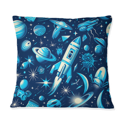 Blue Space Ship  Children Pattern - Children Throw Pillow