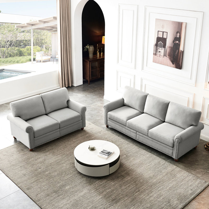 Canapé modulaire 2 + 3 en lin gris avec rangement et rembourrage en tissu