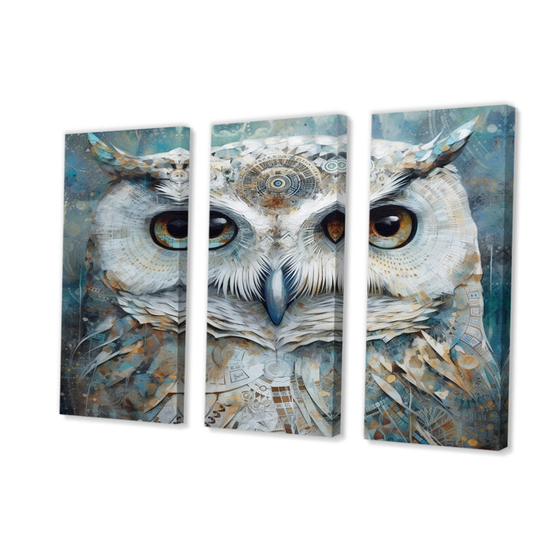 Portrait d'un hibou blanc tribal magique - ensemble de décorations murales animaux chouette, H 28 po x l 36 po x P 1 po