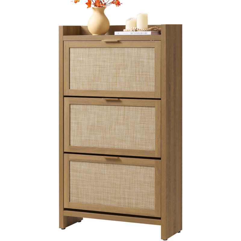 57.4'' H Rattan Shoe Cabinet with 2 Flip Drawers & Adjustable Shelves, Narrow Entryway Shoe Storage Organizer with Spacious Tabletop & Metal Handles