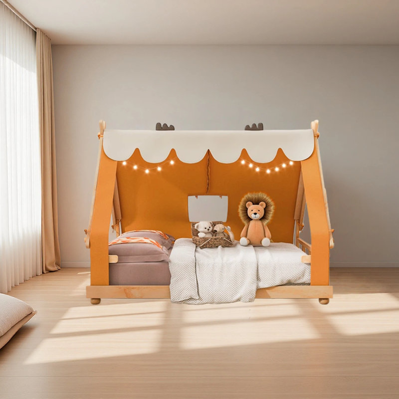 Lit maison avec tente et lumière, Lit double, Brun