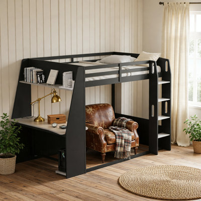 Lit superposé double en bois pleine grandeur avec bureau, deux tablettes de rangement, USB et lumière DEL
